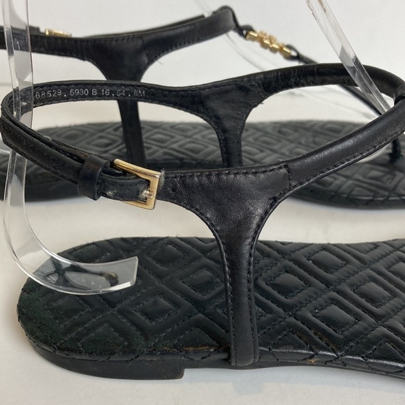 TORY BURCH Marion Quilted Black Leather T-Strap Gold Logo Sandals Size 8 Luxury - Picture 4 of 16
